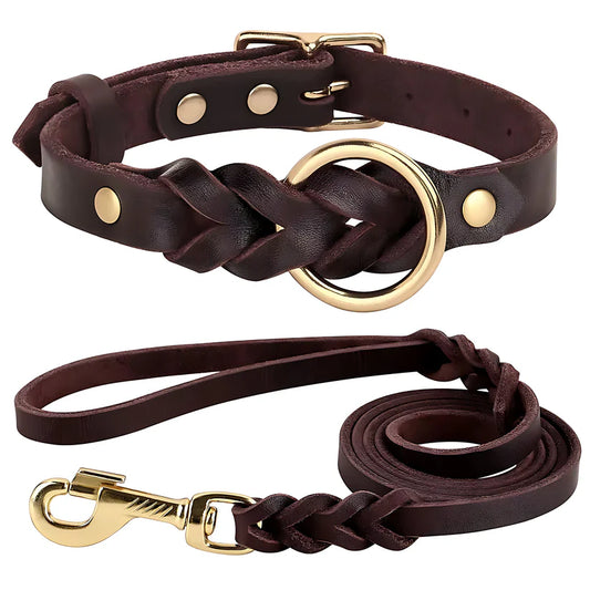 Genuine Leather Dog Collar & Lead Set